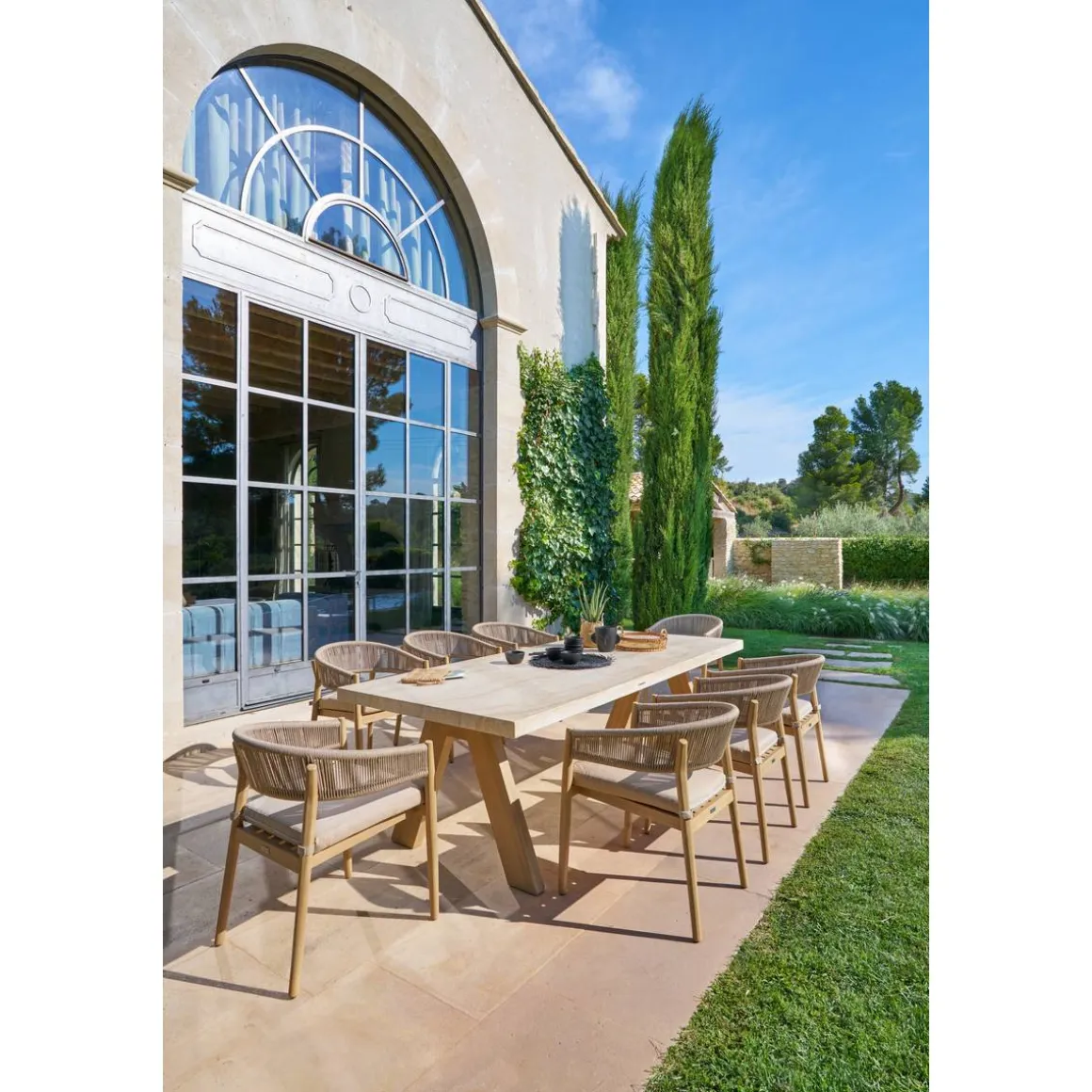 Table de jardin rectangulaire VENIZIA Effet travertin & Acacia