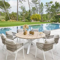 Table de jardin ronde ORIENGO Acacia & Blanc