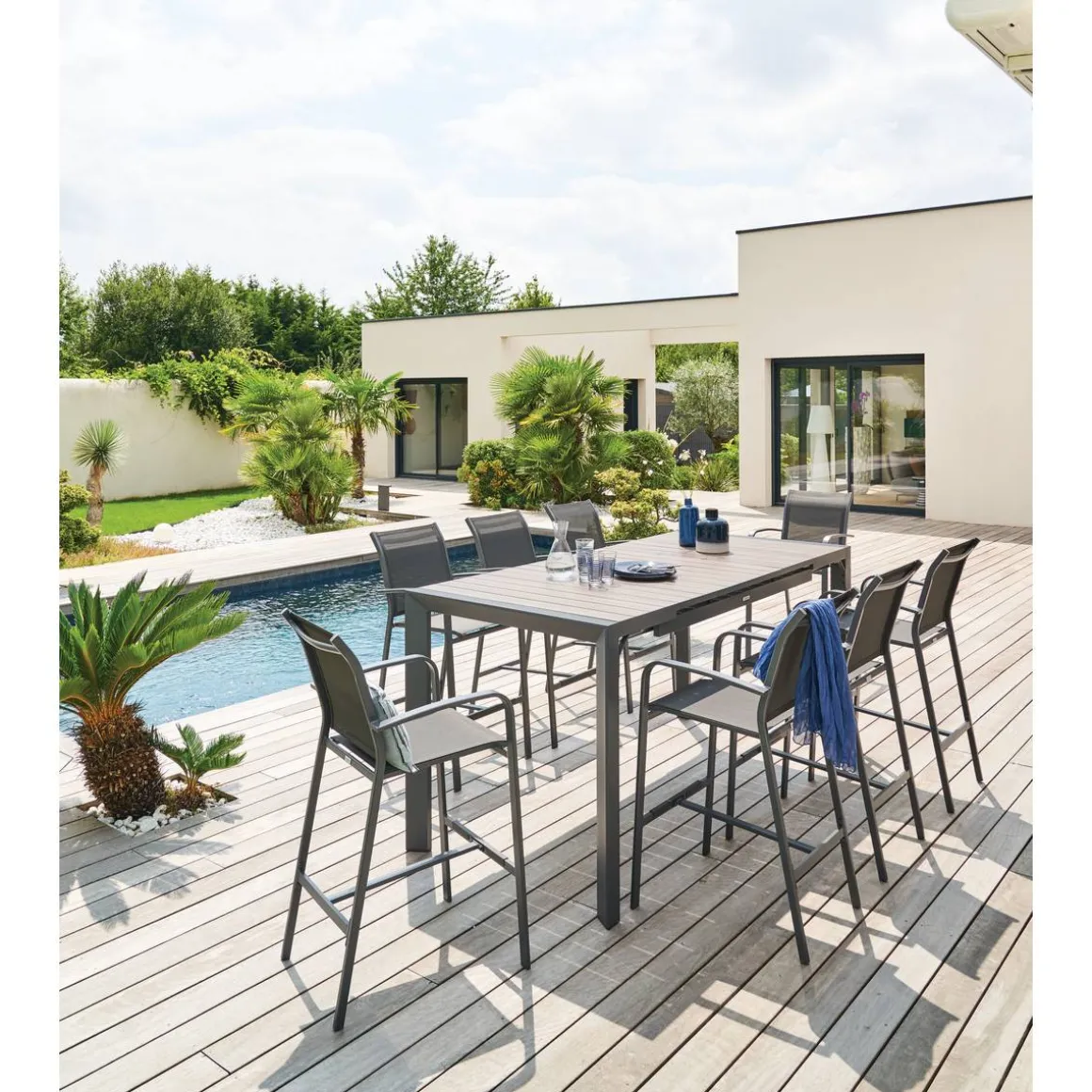 Table haute de jardin extensible ÉVASION Seigle effet bois & Graphite